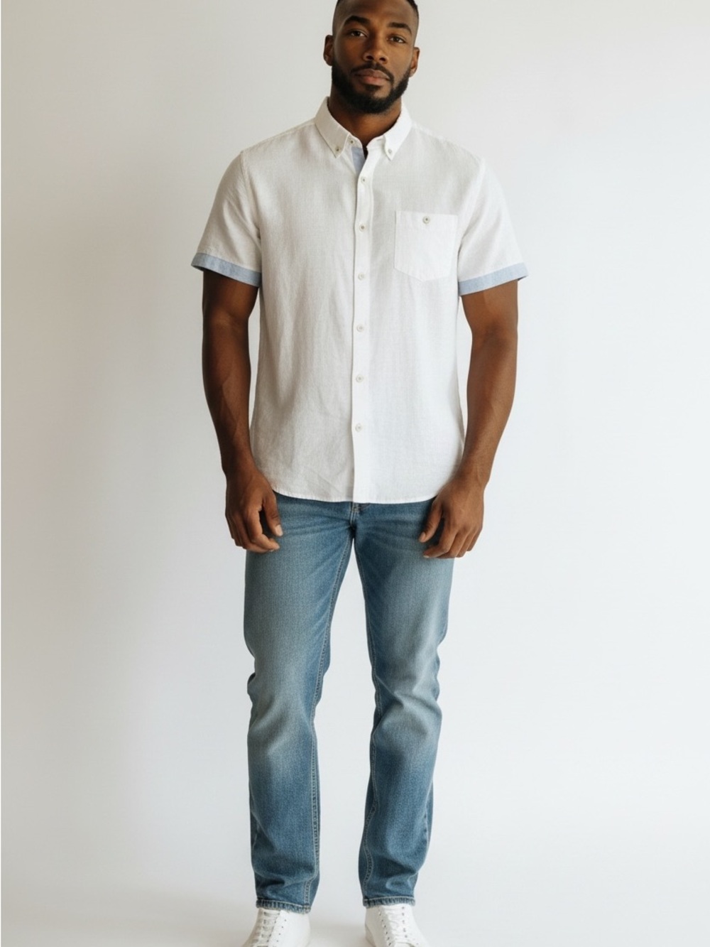 Weatherproof White Short-Sleeve Button-Down Shirt with Blue Cuff Trim